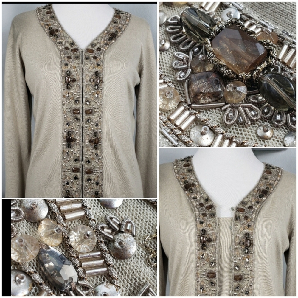 Escada 2p Cashmere & Silk with GLASS Jewels Beads Cardigan & Shell /Top 38 / 8